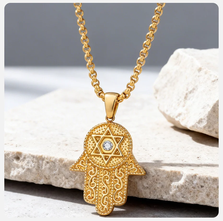 Vnox Zirkon-Halskette mit sechseckigem Sternanhänger, vergoldete Edelstahl-Kastenkette, schützender Amulett-Schmuck für Männer und Frauen – Detail 5