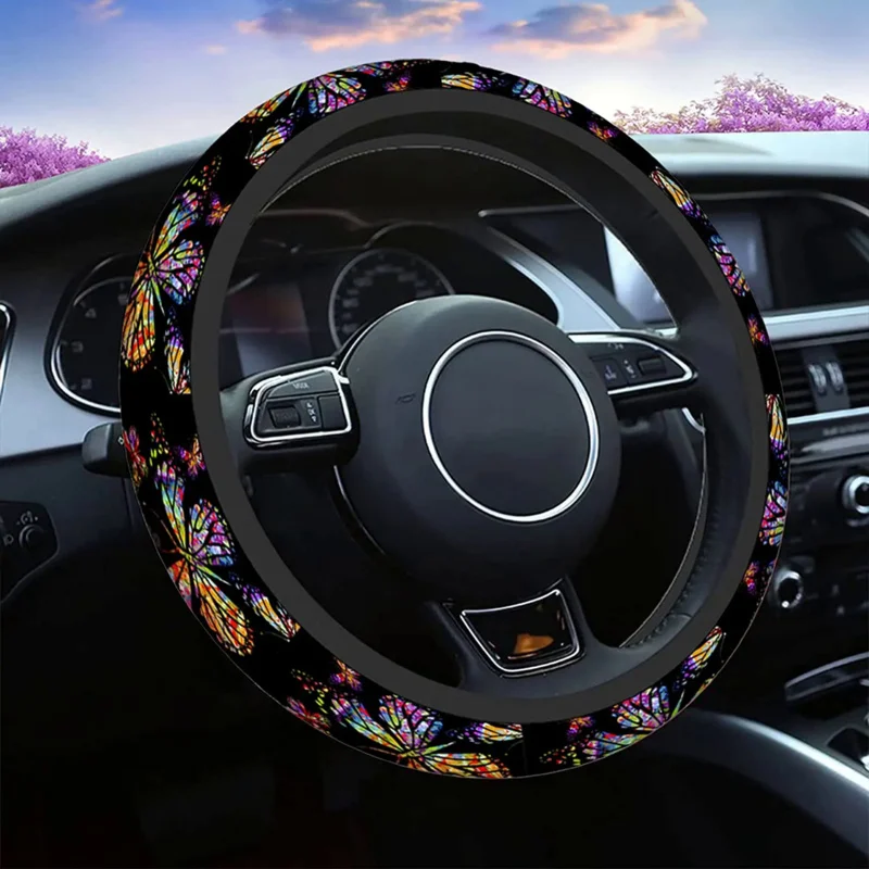 

Steering Wheel Cover Butterflies Colorful Butterflies Rainbow Design On The Black Universal 15 Inch