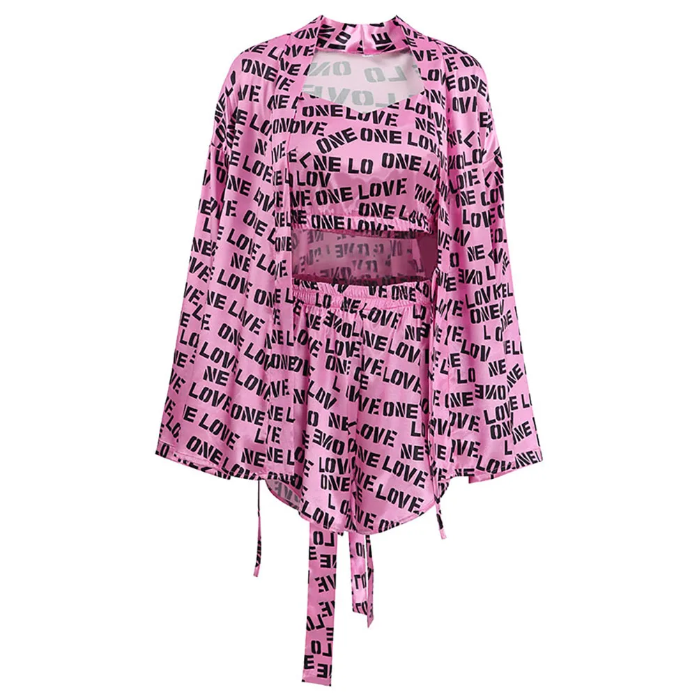Occident New Fashion Cardigan Printed Women's Nightgown Spring Summer Casual Long Sleeve+Underwear Suspenders+Shorts 3Pcs Pajama