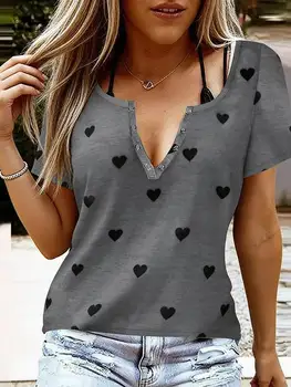 Womens Fashion T-Shirt Spring Summer Gray Heart Print Henley Neck One Shoulder Short Sleeve Stylish Loose Sweet Casual Daily Top 1
