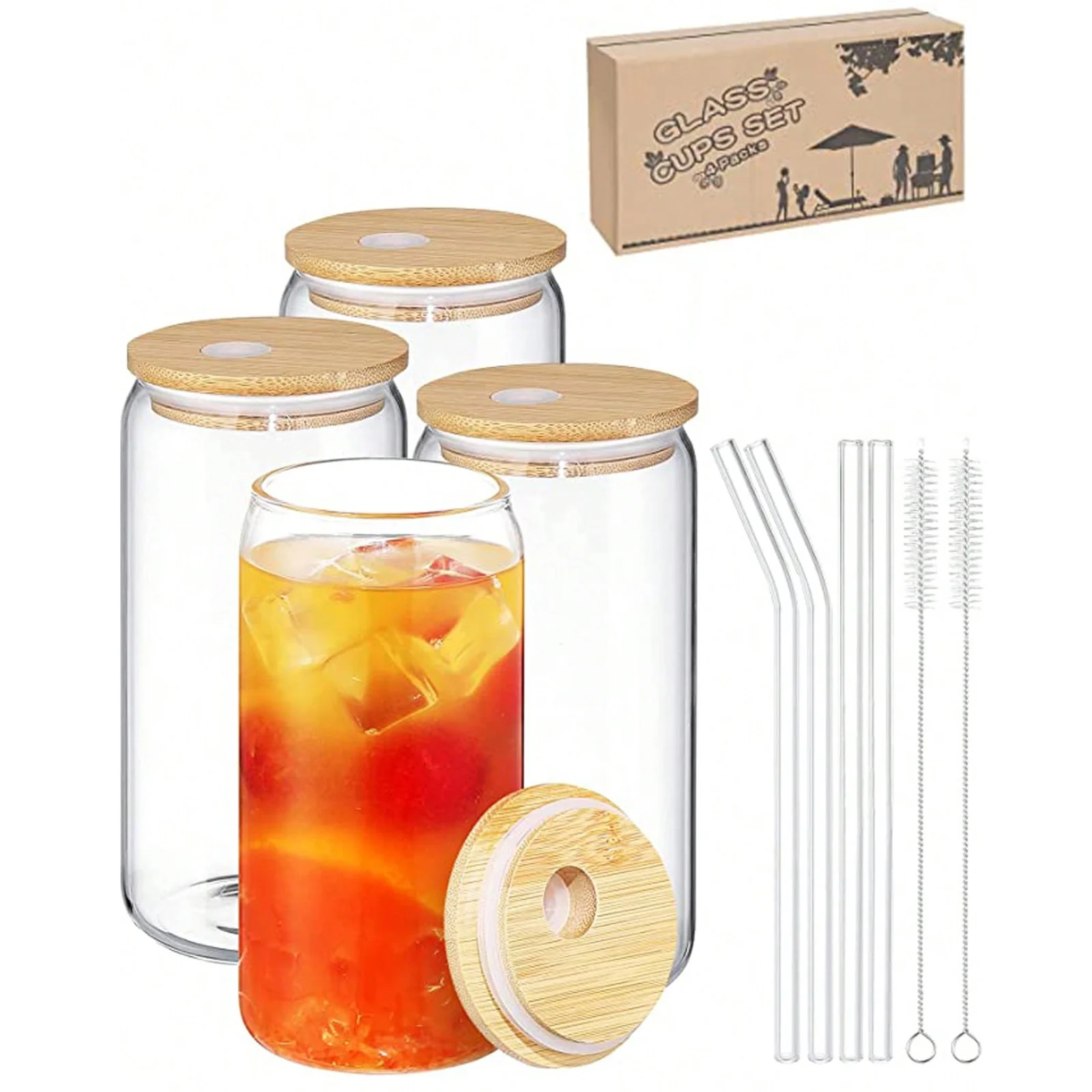 Drinking Glasses 4pc Set with Bamboo Lids & Straws - Can Shaped Glass  Clear