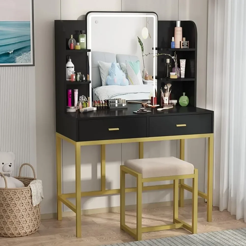 

Dresser with Illuminated Mirror, Make-up Dresser with LED Light, Storage Shelf, Upholstered Stool Vanity Desk