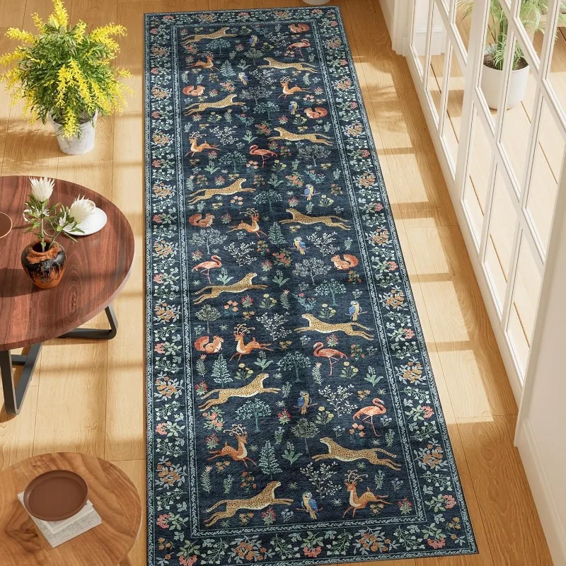 Boho Forest Animal Runner Rug Cheetah Deer Birds Floral Print Hallway ...