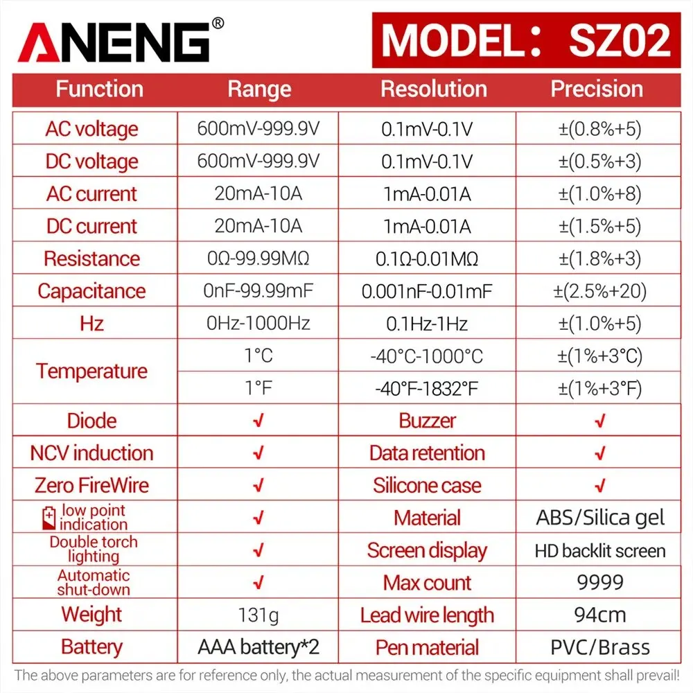 ANENG SZ02 9999 īƮ Ʈ  Ƽ, True RMS ڵ  ĿнϽ 跮, µ  Ʈ ׽