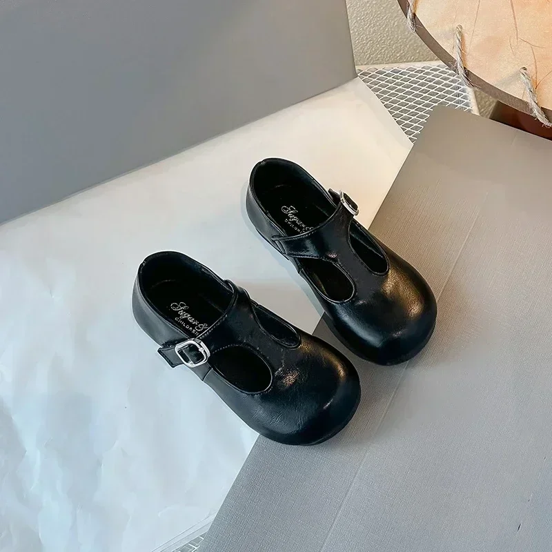 Girls Princess Shoes Black Round Toes New Fashion Kids Performance Shoes Pu Leather Non-slip Children Flat 23-33