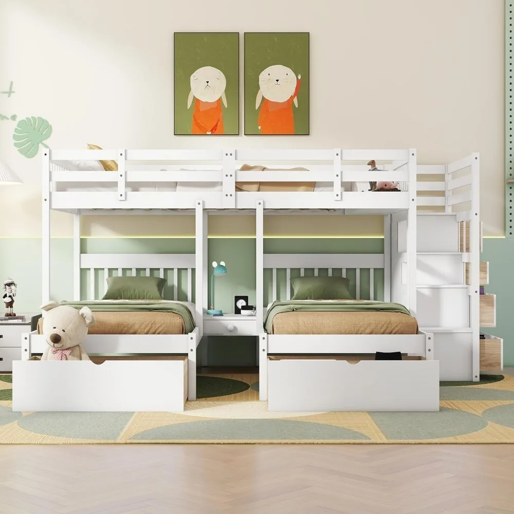 Triple Bunk Beds with Drawers, Wood Full Over Twin & Twin Bunk Bed with Storage Staircase, Triple Bed for Kids,3 Bed Bunk Beds 2