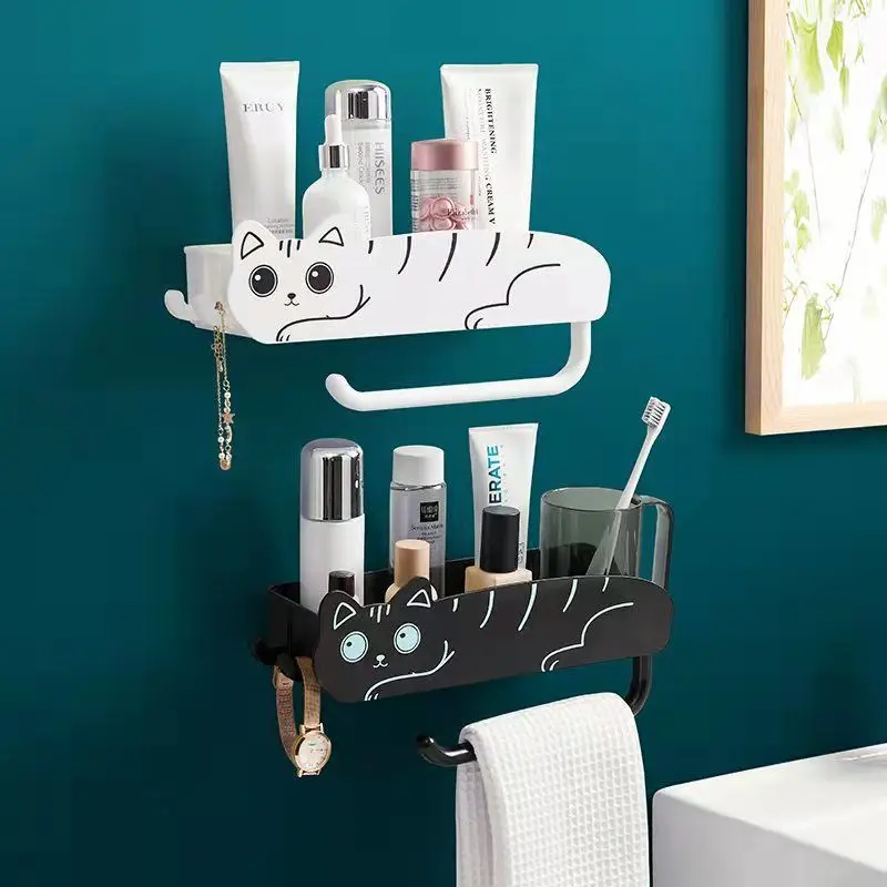 Kawaii Cat Bathroom Shelf Organizer, Punch-Free Storage Rack with Hooks, Shampoo Shower Storage Rack, Bathroom Storage Accessory