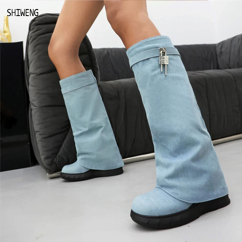 

Patent Leather Large Size 48 Shark Lock Boots Women Height Increasing Thick Bottom Platform Wedge High Heel Knee High Boots