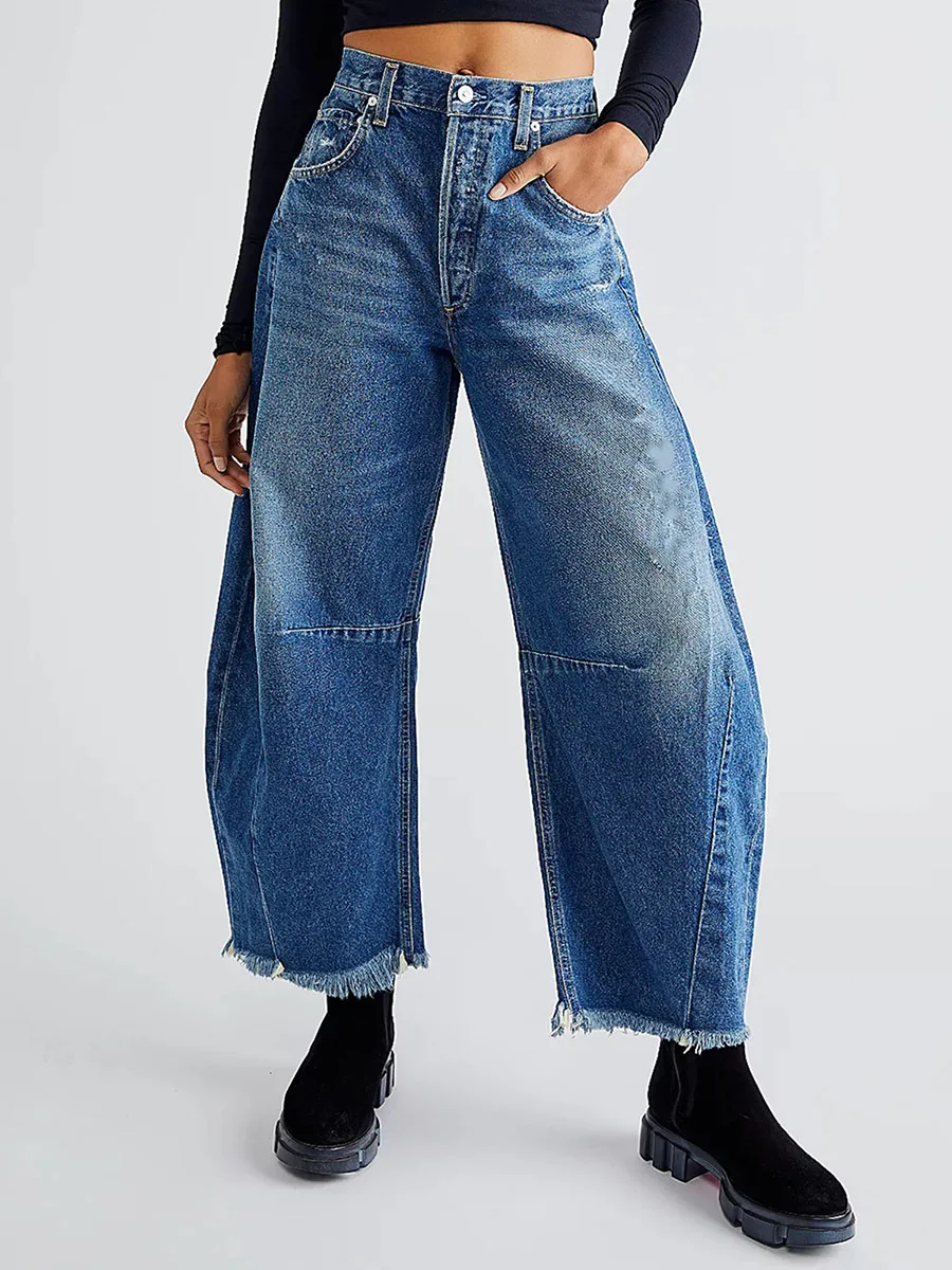 

Women Spring Summer Loose Cropped Tasseled Jeans Midi Waist Baggy Wide Leg Jeans Vintage Boyfriend Tapered Washed Denim Pants