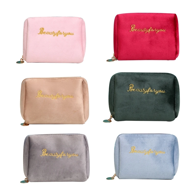 Velvet Toiletry Bag Letter Embroidery Zipper Makeup Cosmetic Bag Large