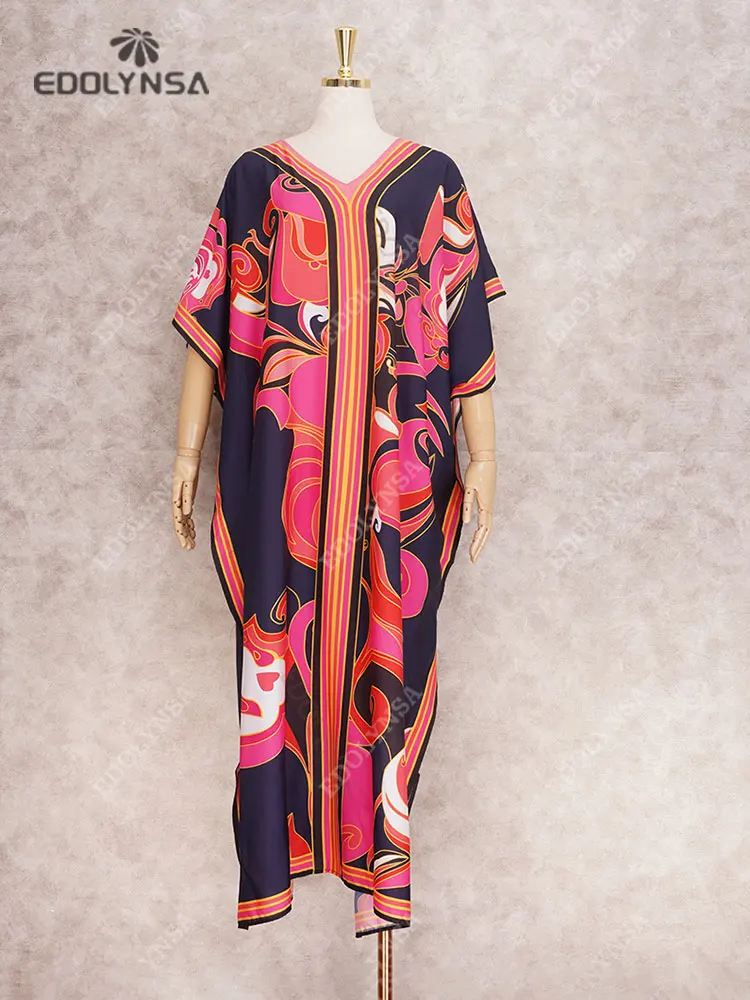 Long Kaftan Bohemian Printed Bikini Cover-ups Sexy V-neck Half Sleeve Maxi Dress Tunic Women Beach Wear Swim Suit Cover Up Q1333 6