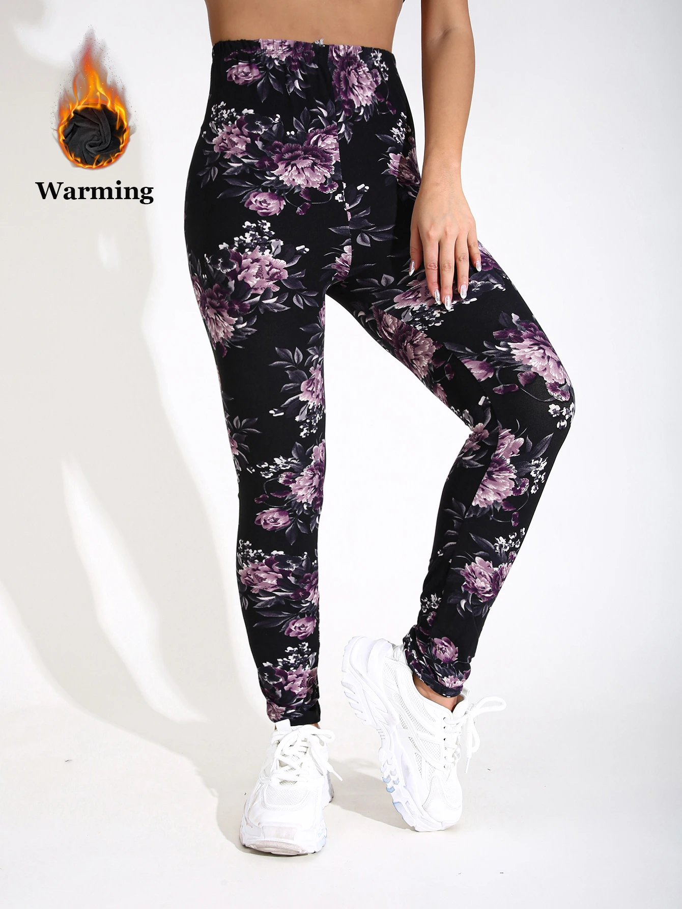 Autumn Winter 1PACK Women's Purple Cherry Blossoms Thick Velvet Sexy Tight Legging Casual Sports Elegant Fitness Yoga Pants