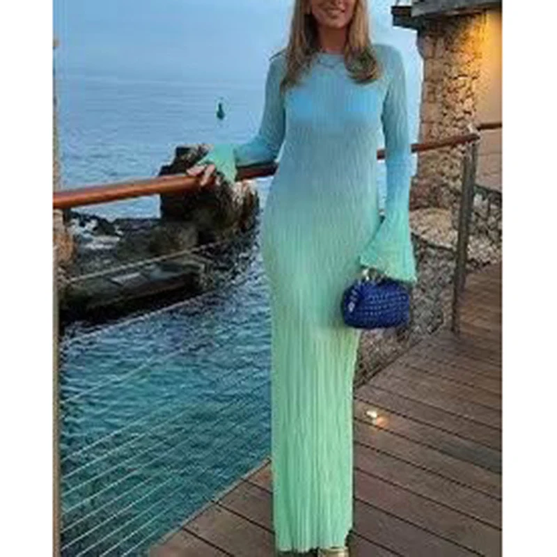 

Women's Autumn Vintage Gradient Knit Midi Dress Elegant Spring O Neck Long Sleeve Female Casual Party Dresses Clothing 2023