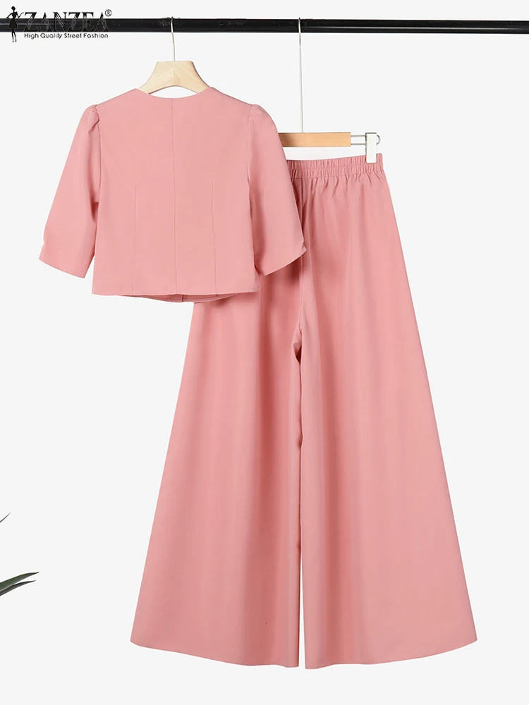 ZANZEA Street Fashion Woman 2 Piece Sets Stylish Short Puff Sleeve Crop Tops Wide Leg Pants 2PCS Outfit Elegant Office Pant Sets 5
