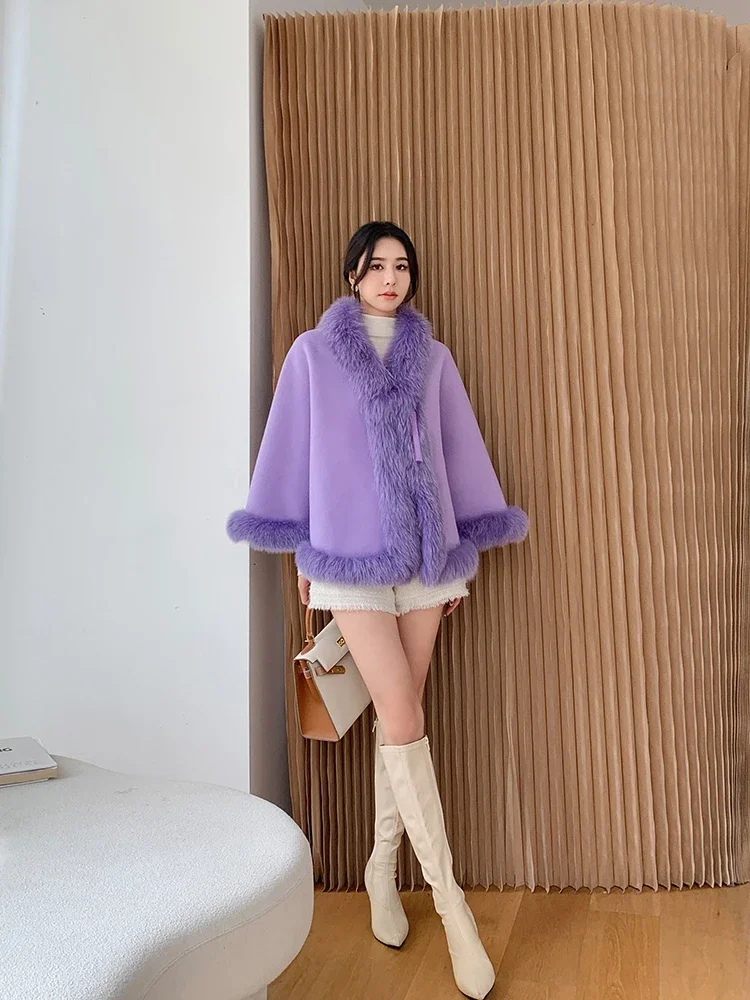 Solid Wool Fabric Short Coat Fox Fur Collar Shawl Cloak Retro Style Tassel Plate Buckle Autumn Winter Warm Outer Women Clothing