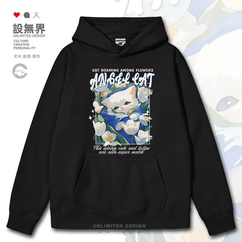 

Japanese Tulip Lazy Cat Flower Sea Oil Painting Childlike and Cute Pet mens hoodies fashion streetwear autumn winter clothes