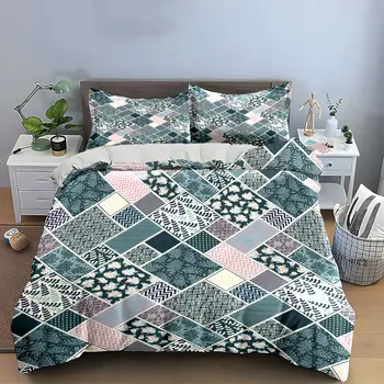 Dark Teal Floral Diamond Patchwork Bedding Set,Fern Leaf Chevron Striped Patch Print Duvet Cover Set,Minimalist Cottage Decor 1