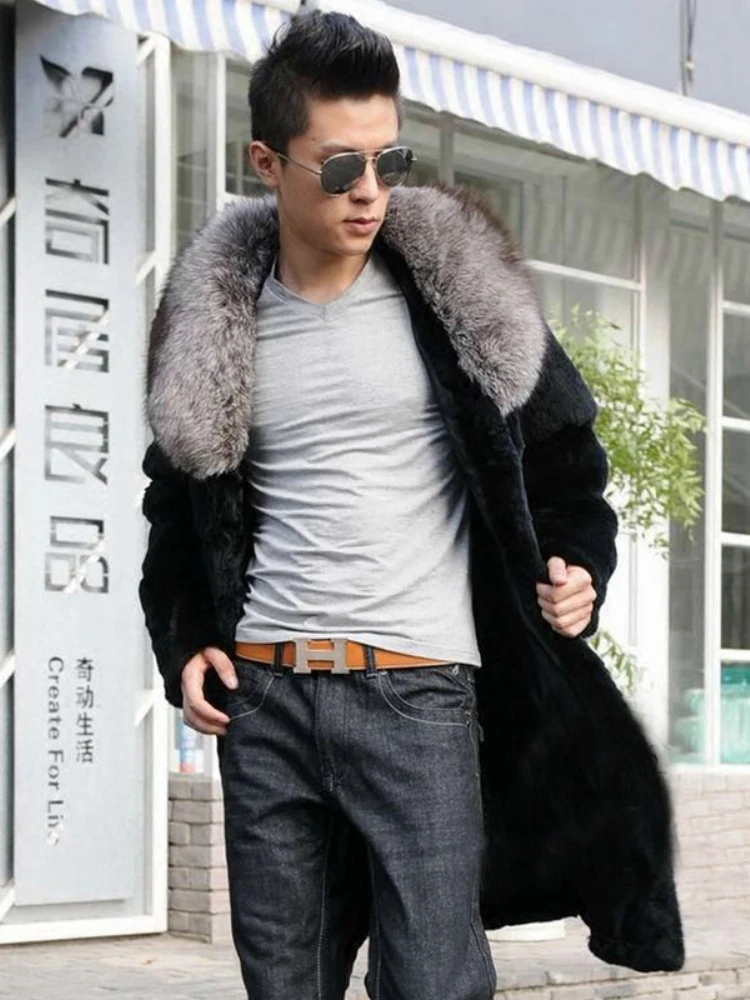 Winter Fur Collar Mid-length Faux Fur Coat Men Long Sleeve Thick Warm Business Windbreaker Jacket Plus Size Luxury Brand Coats