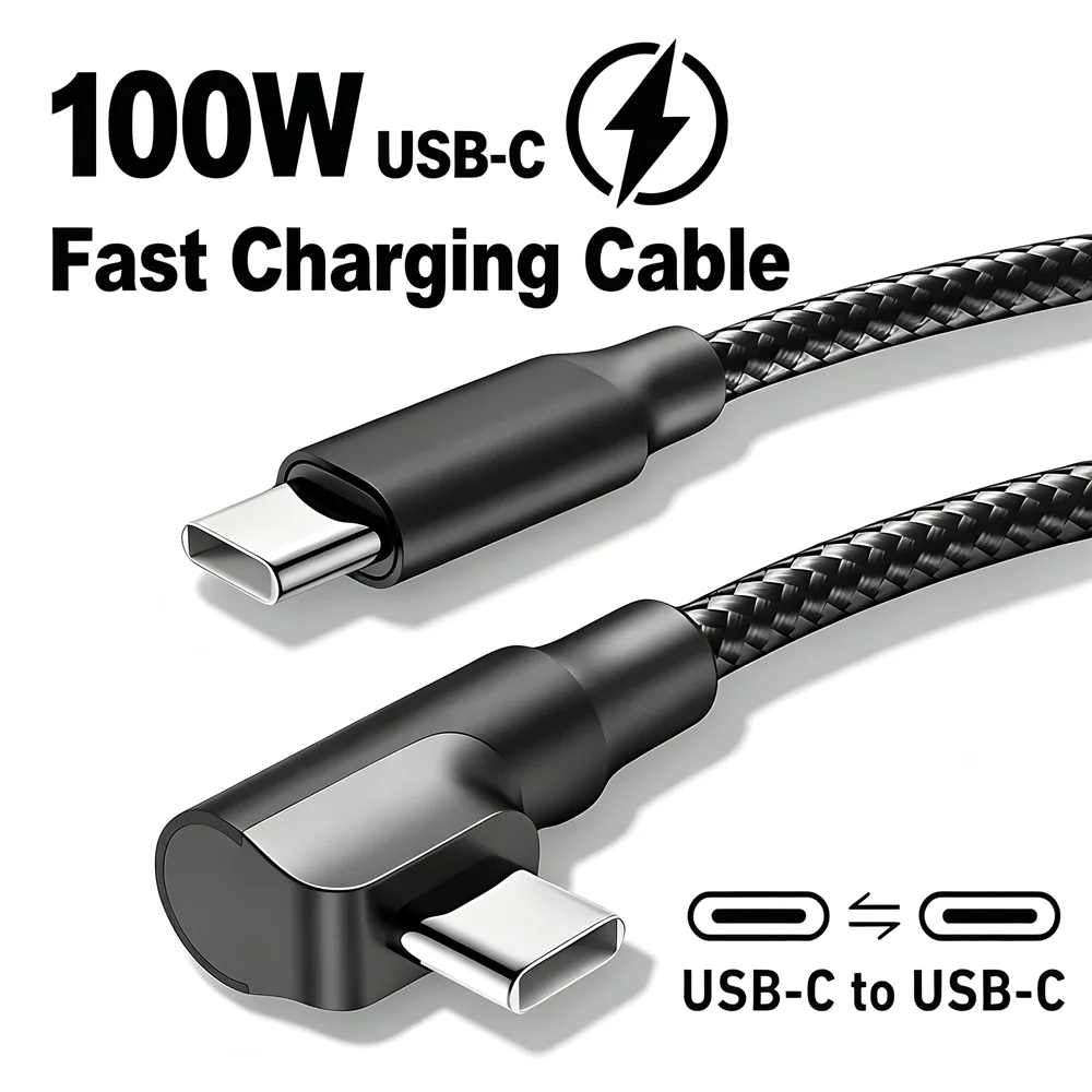 كابل شحن سريع USB-C بزاوية 90 درجة لهواتف آيفون 17 و16 و15 برو ماكس وسامسونج وشاومي وريدمي وبوكو وون بلس، كابل من النوع C مجدول من النايلون