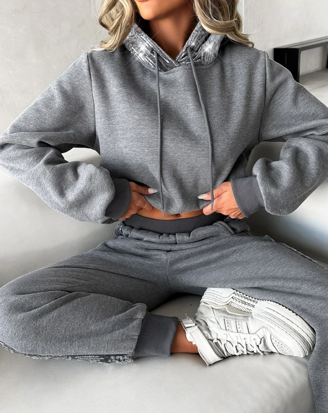 Two Piece Set Women Outfit Autumn Fashion Contrast Sequin Hooded Long Sleeve Sweatshirt & Pocket Design Daily Sweatpants Set
