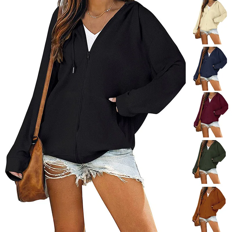 

2023 Women's Autumn and Winter Zipper Hooded Sweater Casual Long Sleeve Coat Fashion Loose Solid Color Female Coats Jacket Lady