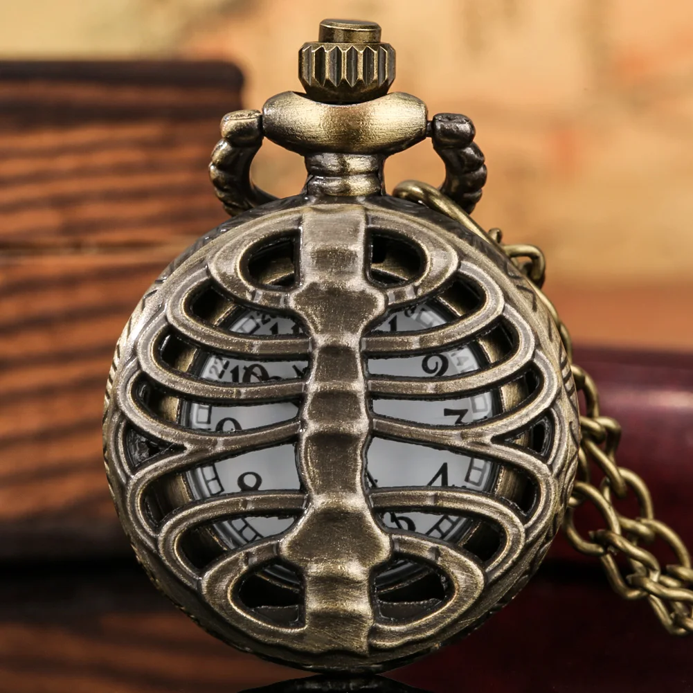 

Steampunk Cool Bronze Skeleton Mini Size Quartz Pocket Watch Men Women Arabic Numerals Dial Hollow Retro Necklace Watch