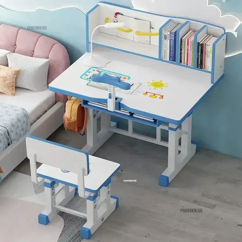 Liftable Children Tables with Bookshelf Children's Desk Set Home Children's Homework Desk and Chair Simple Learning Writing