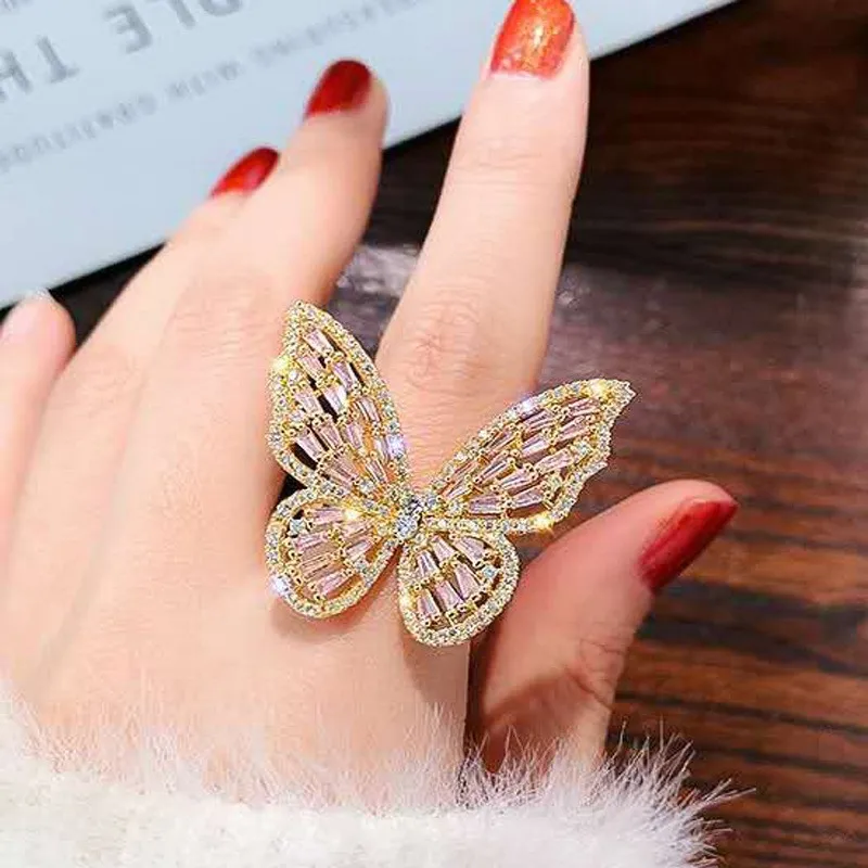 Fashion Rings Trendy Shining Butterfly Adjustable Opening For Women Crystal Acrylic Inlay Party Hand Accessories Jewelry