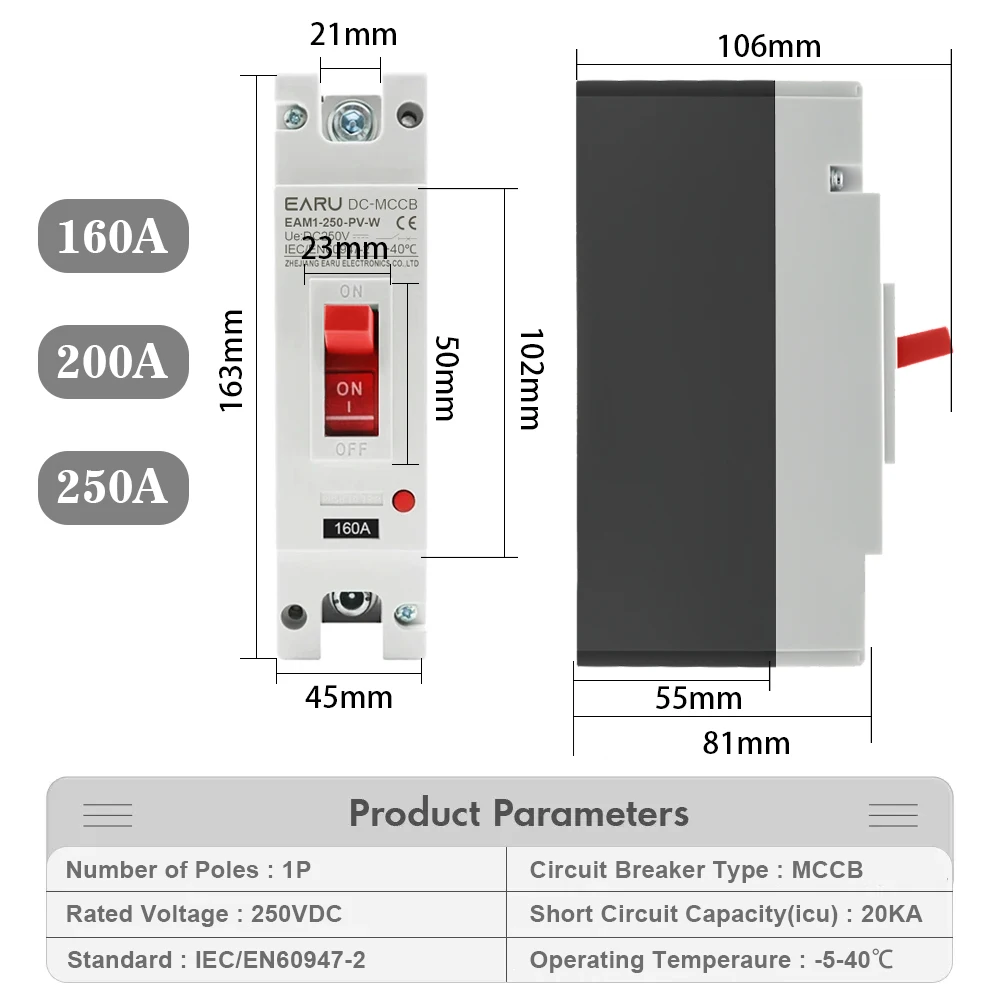Earu EAM1-125PV 250V 500V DC Solar Molded Case Circuit Breaker MCCB Overload Protection Switch for Solar PV 100A 125A - Image 3