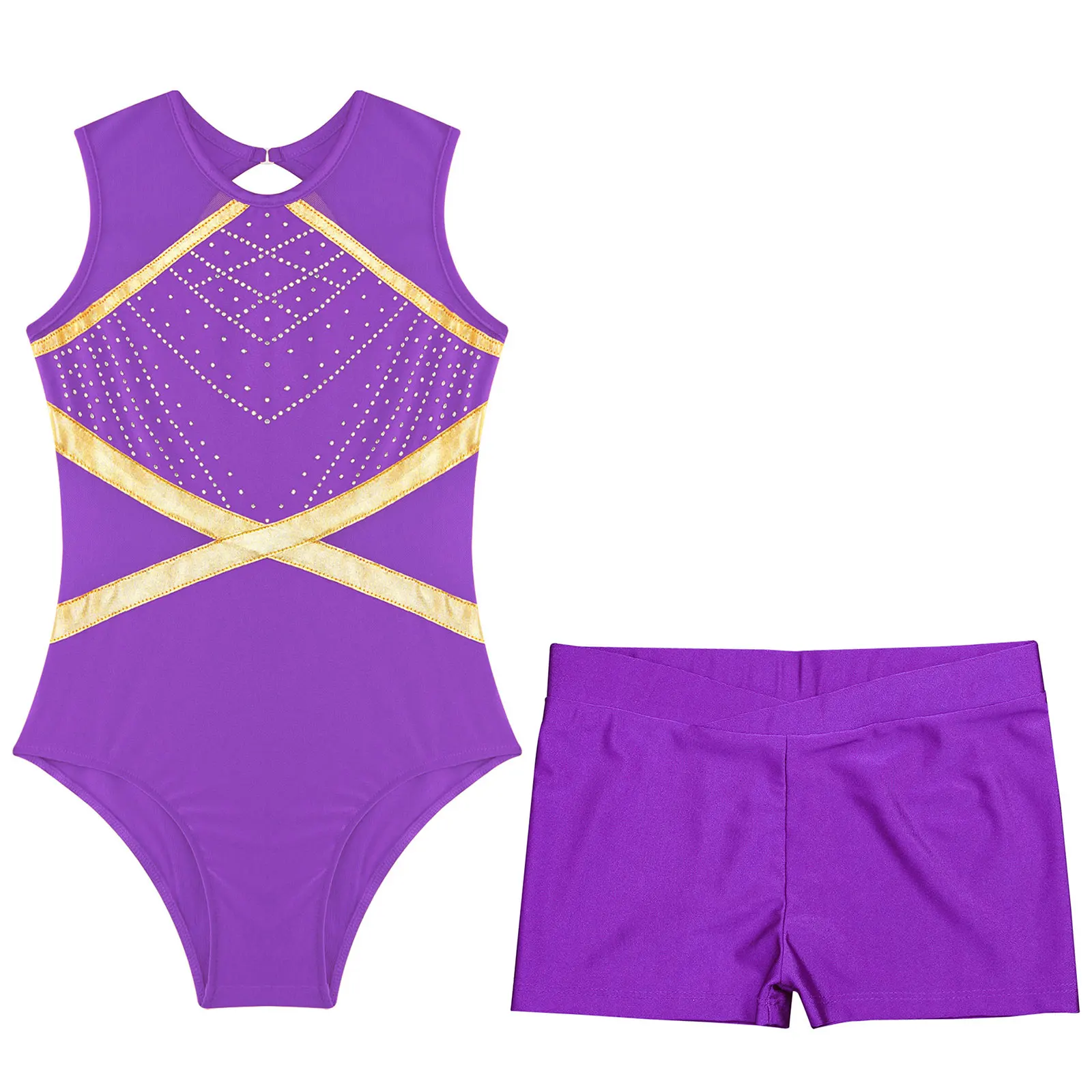 Children Dance Leotards Kids Girls Gymnastics Leotard Keyhole Back Patchwork Sleeveless Figure Skating Bodysuit with Shorts for Ballet Dance Jumpsuit
