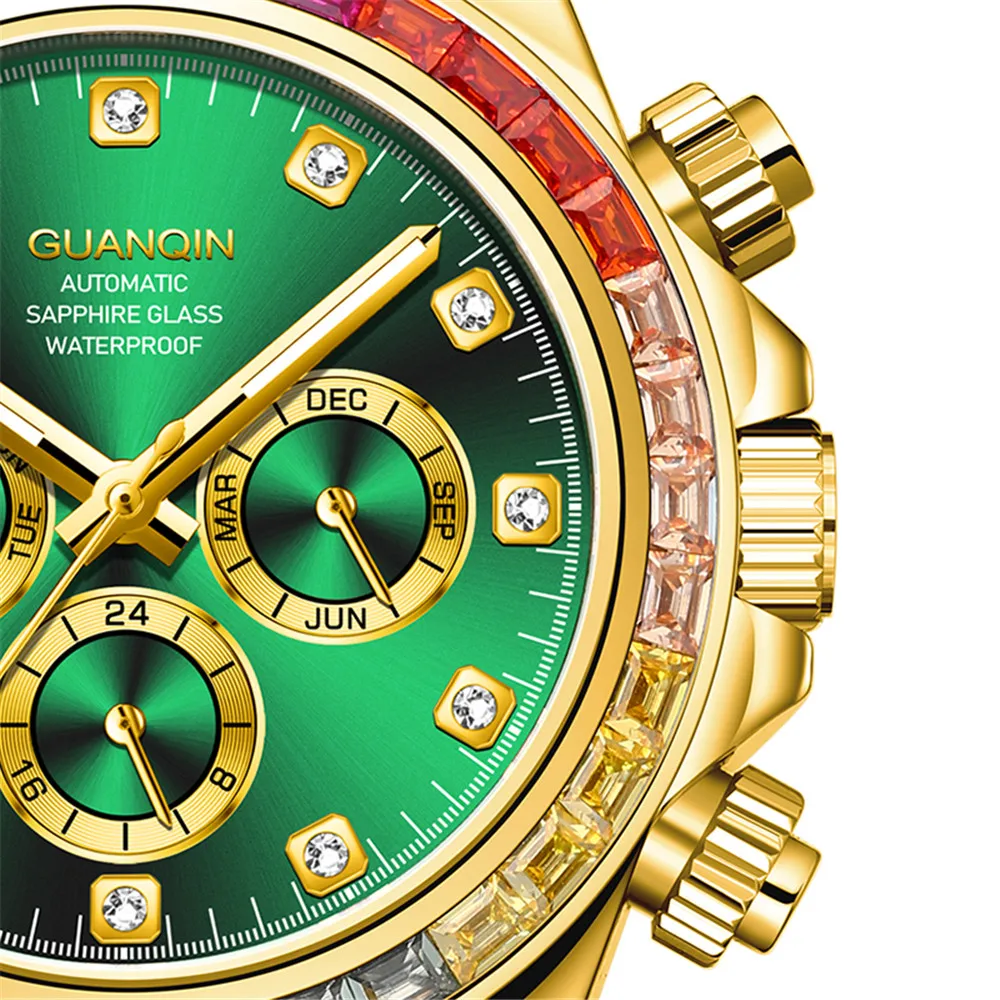GUANQIN Week Maand Luxe Herenhorloge Waterdicht Automatisch Zelfopwindend Mechanisch Regenboog Diamant Cirkel Ontwerp Saffier Stalen Klok_voghion.com