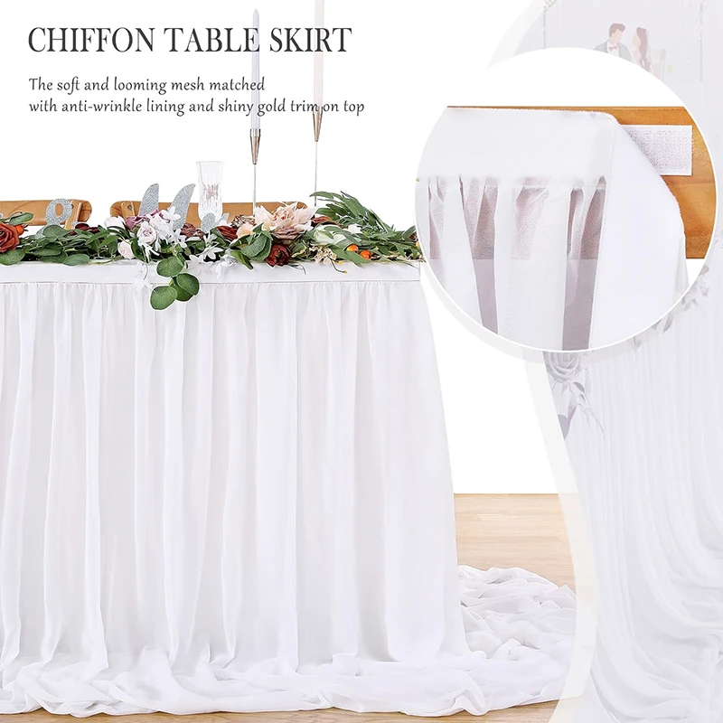 White Table Skirts Chiffon Semi-Sheer Tablecloths for Backyard Weddings Birthday Party Baby Shower Cake Dinner Table Decorations 5