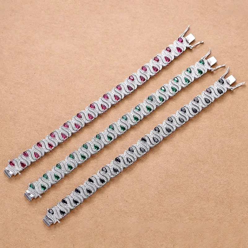 Lycfn 3*5mm Emerald Ruby Gem Sparkle Bracelet 100% 925 Sterling Sliver for Women Grils Plated Bangle Pulseras Jewelry