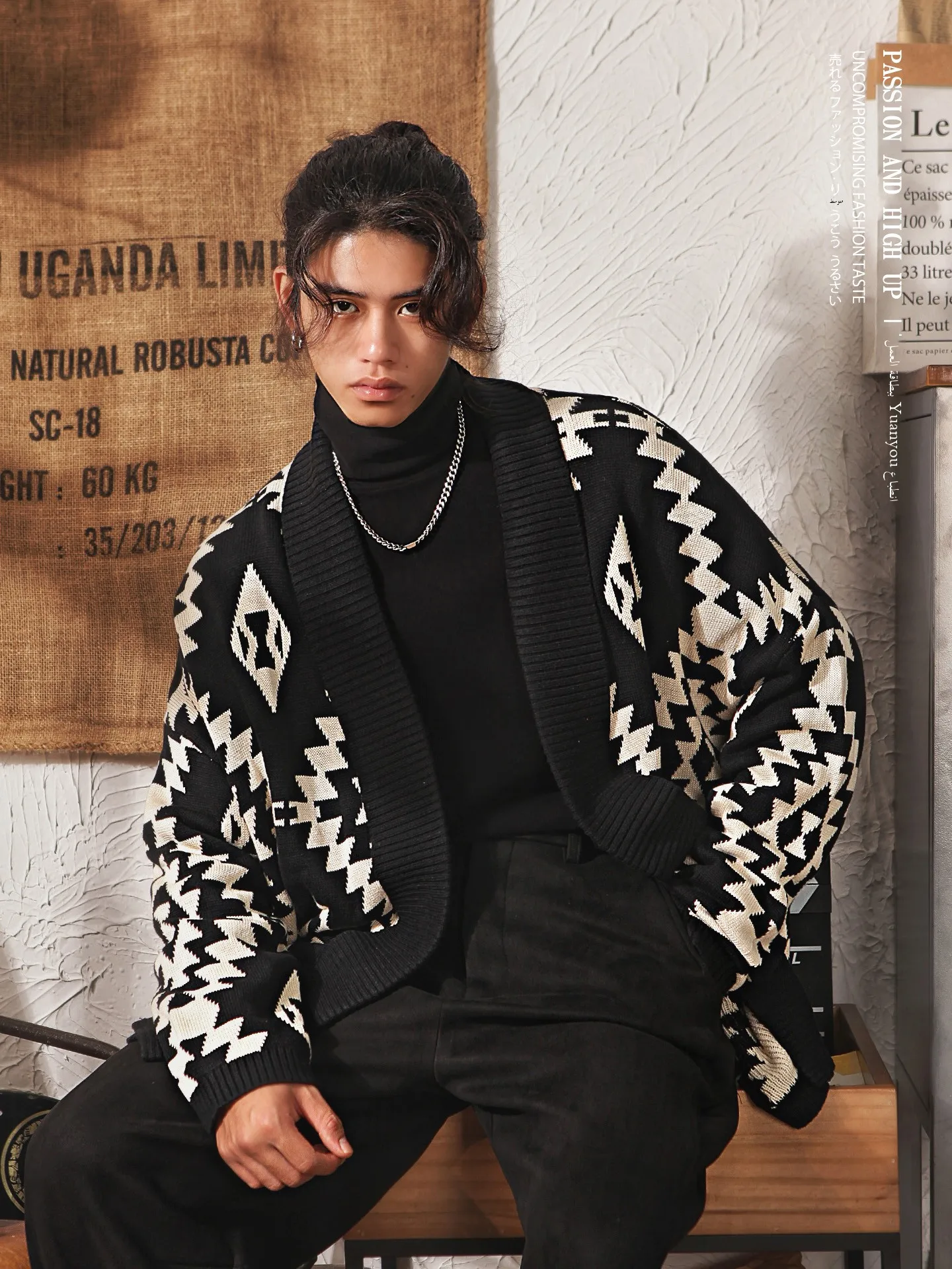 トップス CALEE GEOMETRICPATTERN OVERSIZE CARDIGAN Retro Japanese Style Navajo Totem Geometric Pattern Knitted Open