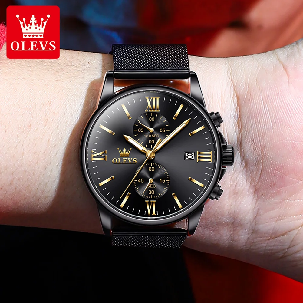 OLEVS Men's Watches Luxury Stainless Steel Fashion Brand Waterproof Luminous Chronograph Date Quartz Wrist Watch Reloj de Hombre