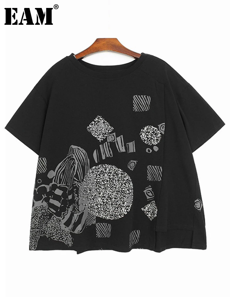 2023 spring and summer new women casual printed crewneck black