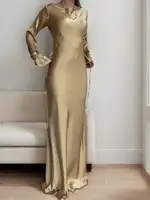 Women's Bespoke Satin Maxi Dress with Corset Waist Tie Classic Round Neck & Dramatic Flared Sleeves Luxury Evening Dress