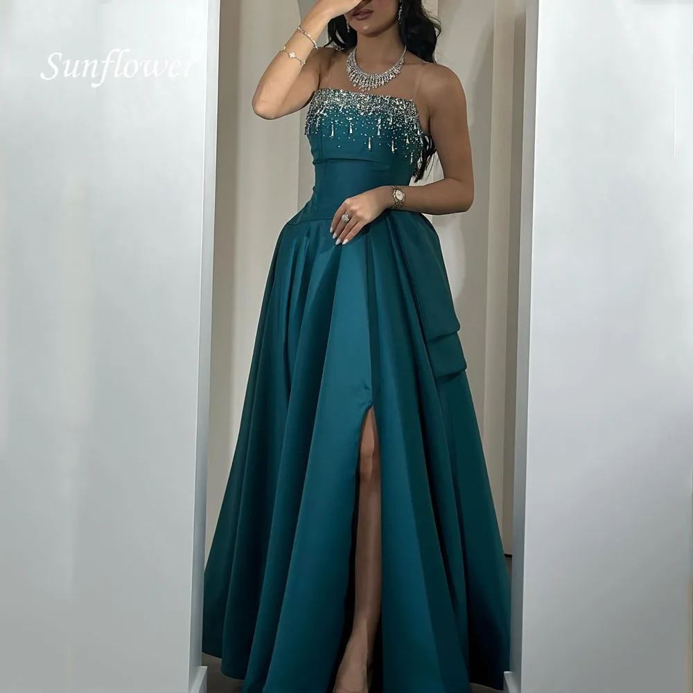 

Sunflower Black Strapless Beading Satin A-LINE 2024 High Quality Slim Backless Ocassion Gown Floor-Length Formal Evening Dress