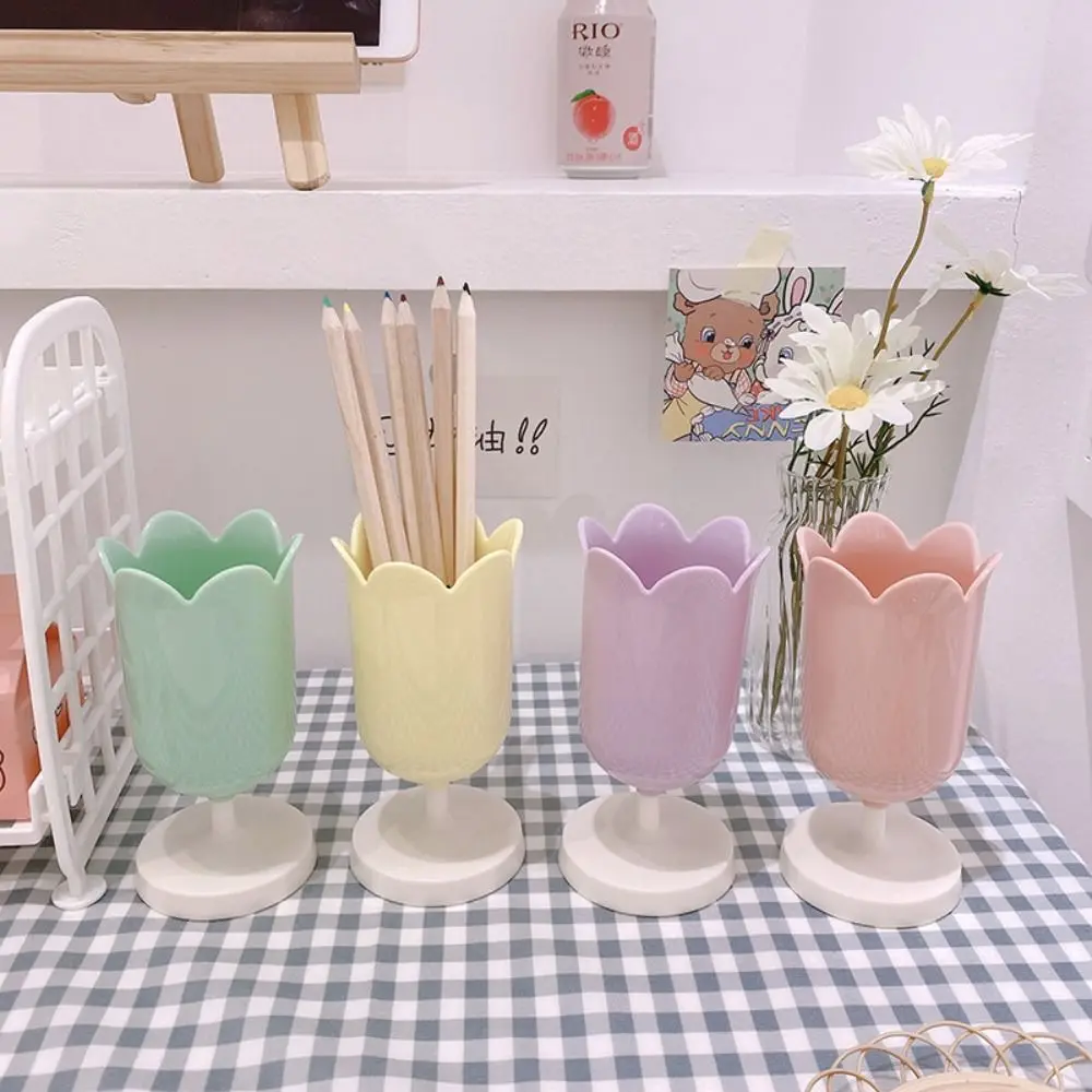 Tulips Storage Bucket Pen Holder Plastic Storage Tank Cup Makeup Brush Holder Desktop Organizer Students Stationery makeup organizer,pen holder,desk organizer,pen and brush holder,desk storage rack,brush holder