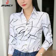 

JFUNCY Plus Size Women Tops and Blouses 2020 Stripe Print Elegant Long Sleeve Office Lady Work Wear Shirts Female Slim Blusas