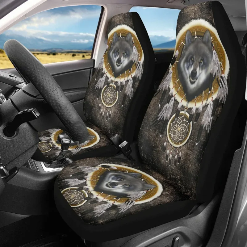 

INSTANTARTS Gray Wolf Dreamcatchers 3D Print Set of 2 Car Seat Protector Indian Ethnic Design Durable Car Seat Cover Polyester