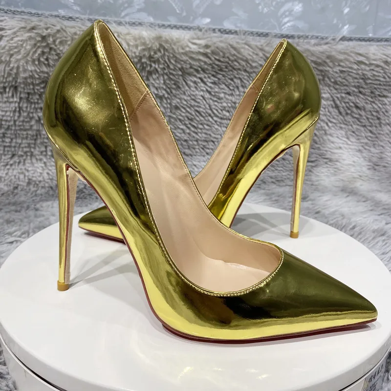 Блестящие зеркальные Золотые женские туфли с острым носком на высоком  каблуке свадебные туфли под платье пикантные женские Великолепные туфли-лодочки  на шпильке без застежек | AliExpress