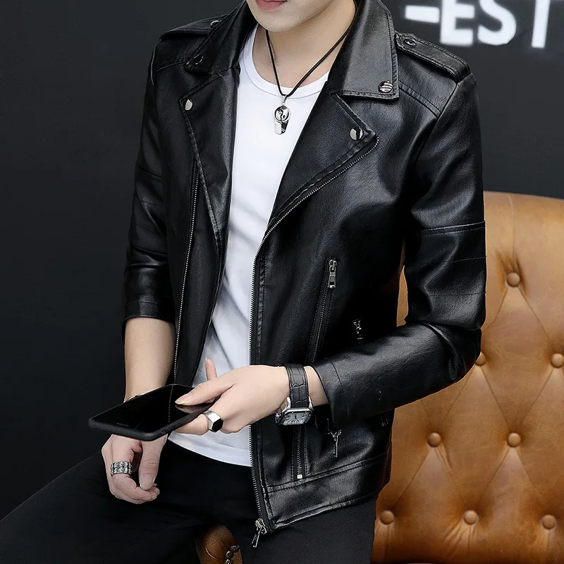 

M-4xl Mens Faux Pu Leather Jacket Spring Autumn Male Coat Turn-down Collar Zipper Slim Pockets Soft Outerwear Clothes Hy87