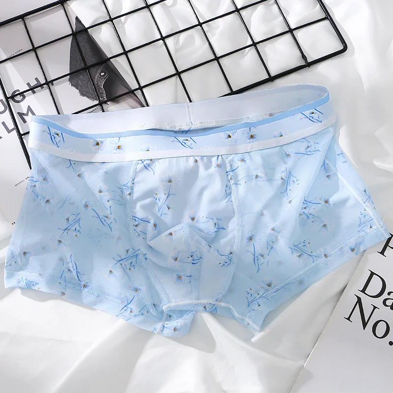 Men's Boxers Briefs Summer Ice Silk Underwear Mesh Transparent Panties Floral Fruit Printed Ultra-Thin Breathable Underpants