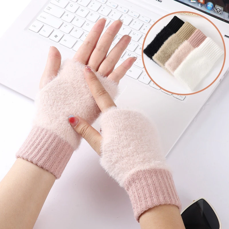 1 Pair Women Plush Winter Gloves Fingerless Mittens Knitted Writing Touch Screen Warm Women's Gloves Winter Accessories