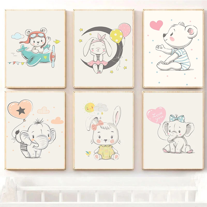 Nursery Cartoon Cute Animal Elephant Rabbit Bear Con Rocket Balloon Poster Printing Canvas Painting Home Kids Room Decoration