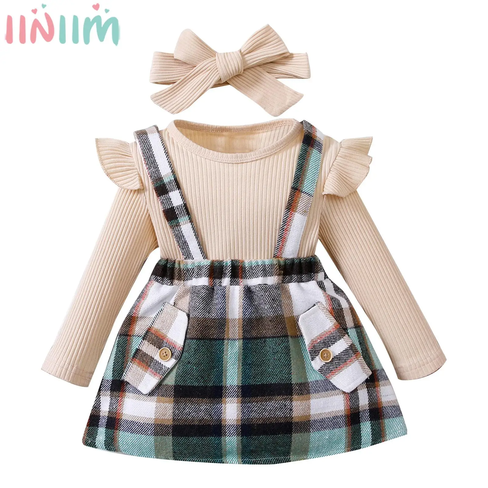 

Baby Girls Casual Spring Autumn Outfit Long Sleeve Knitt Ribbed Top with Suspender Plaid Skirt Headband for Daily Party Homewear