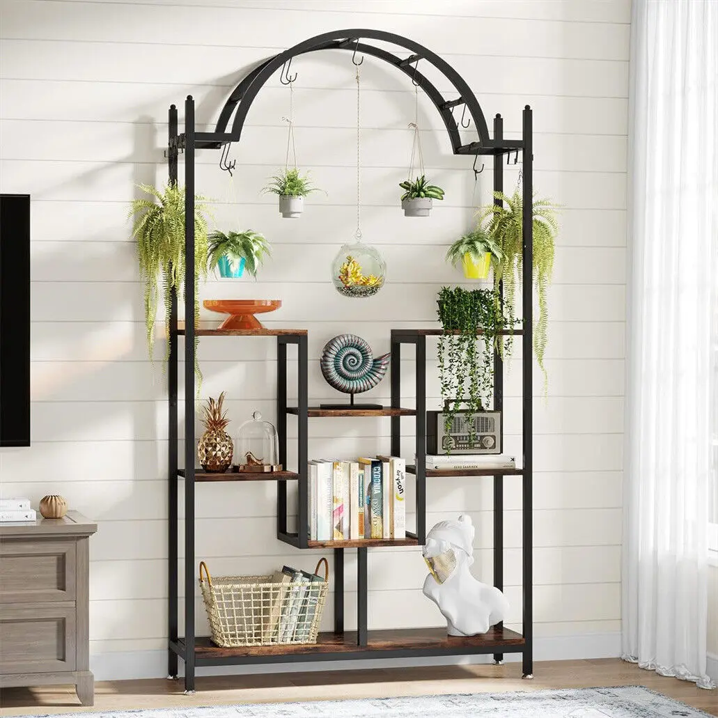 Tall Indoor Plant Stand Arched Metal Flower Rack with Hanging Hook Multi-Purpose Large Storage Shelf