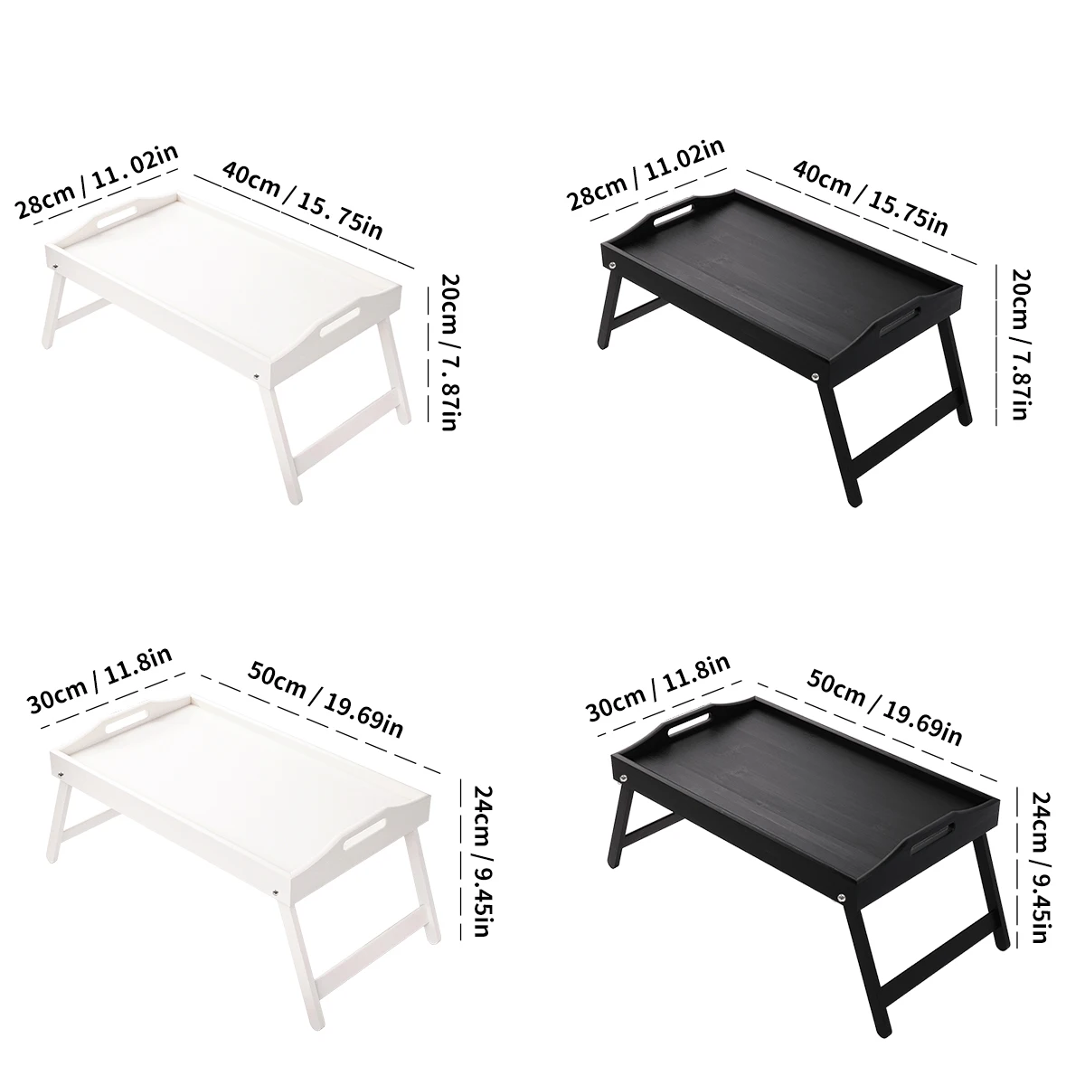 Foldable Bamboo Breakfast Tray with Handles - Ideal for Bed, Sofa or TV - Laptop, Snack and Meal Tray (Black/White)