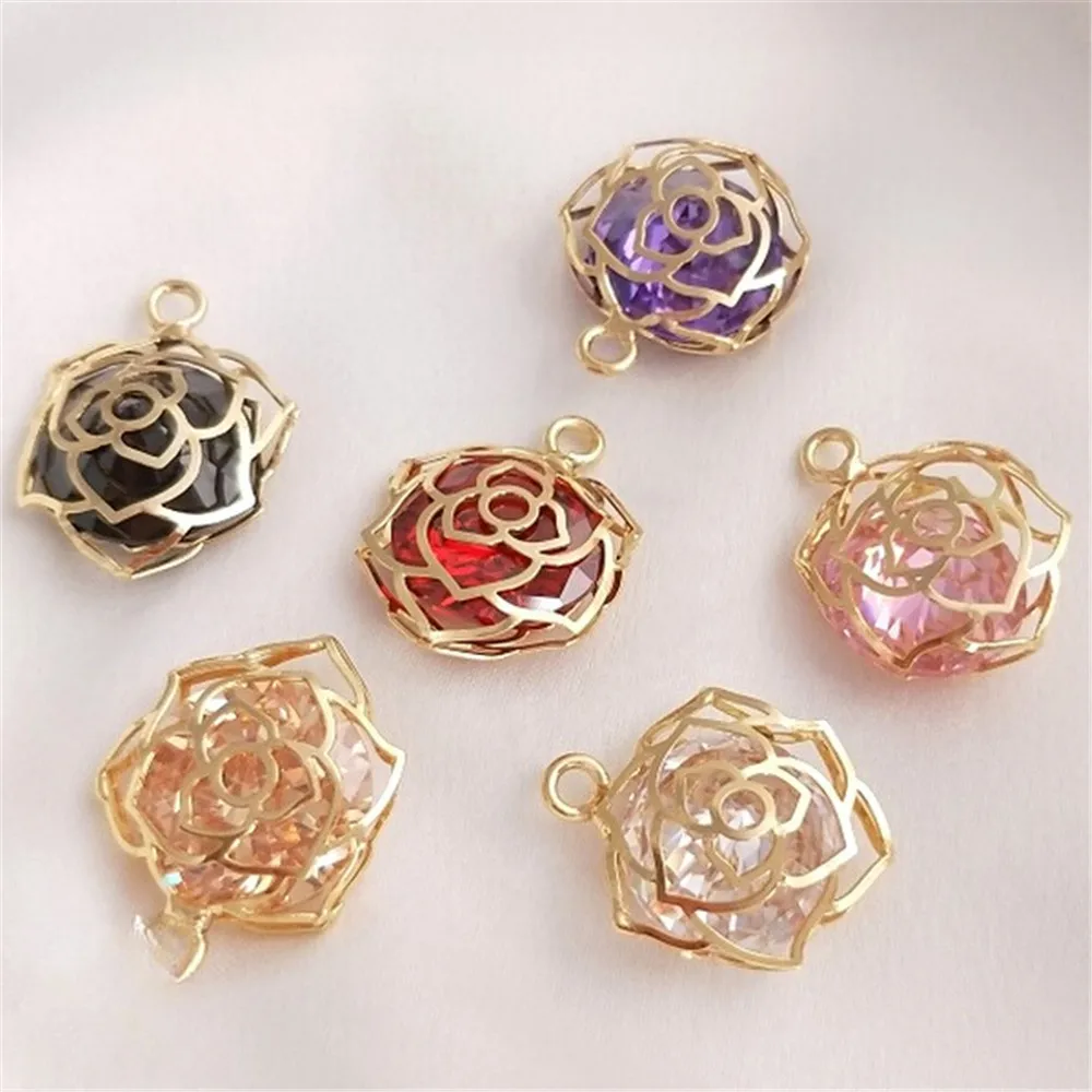 14K Genuine Gold Large Diamond Sparkling Zircon Rose Pendant Handcrafted DIY Necklace Earrings Pendant K135